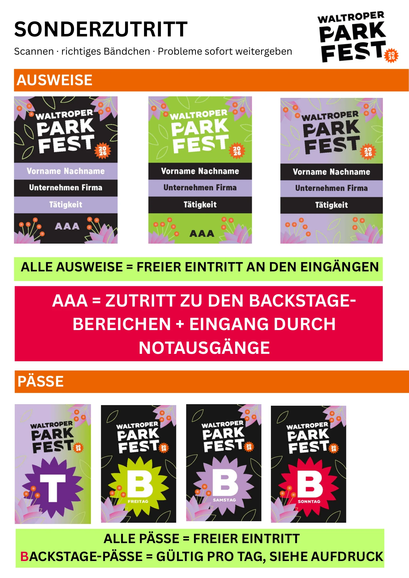 Original-Infosheet: Ausweise, AAA und Backstage-Pässe