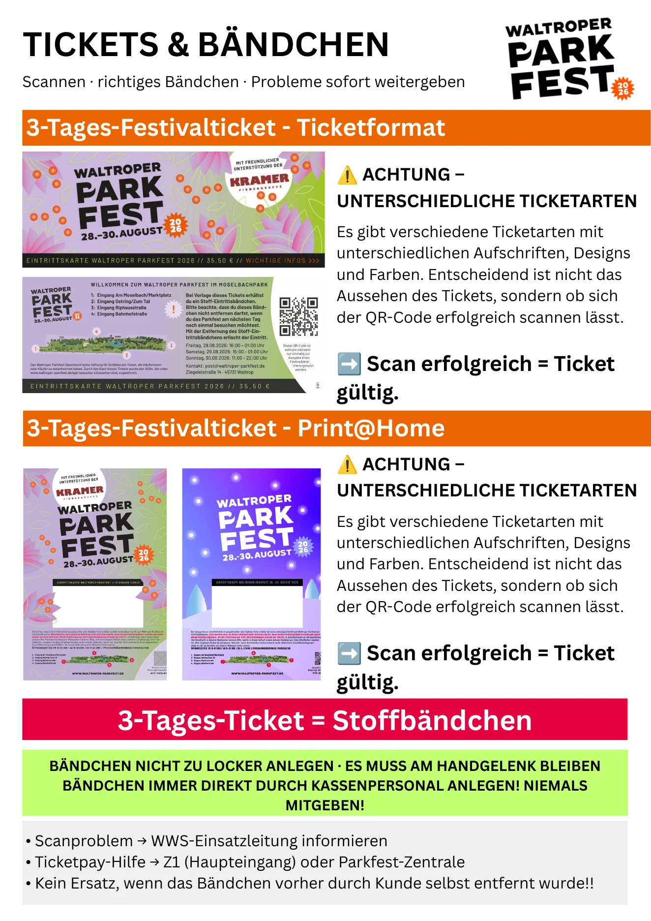 Original-Infosheet: 3-Tages-Tickets und Stoffbändchen